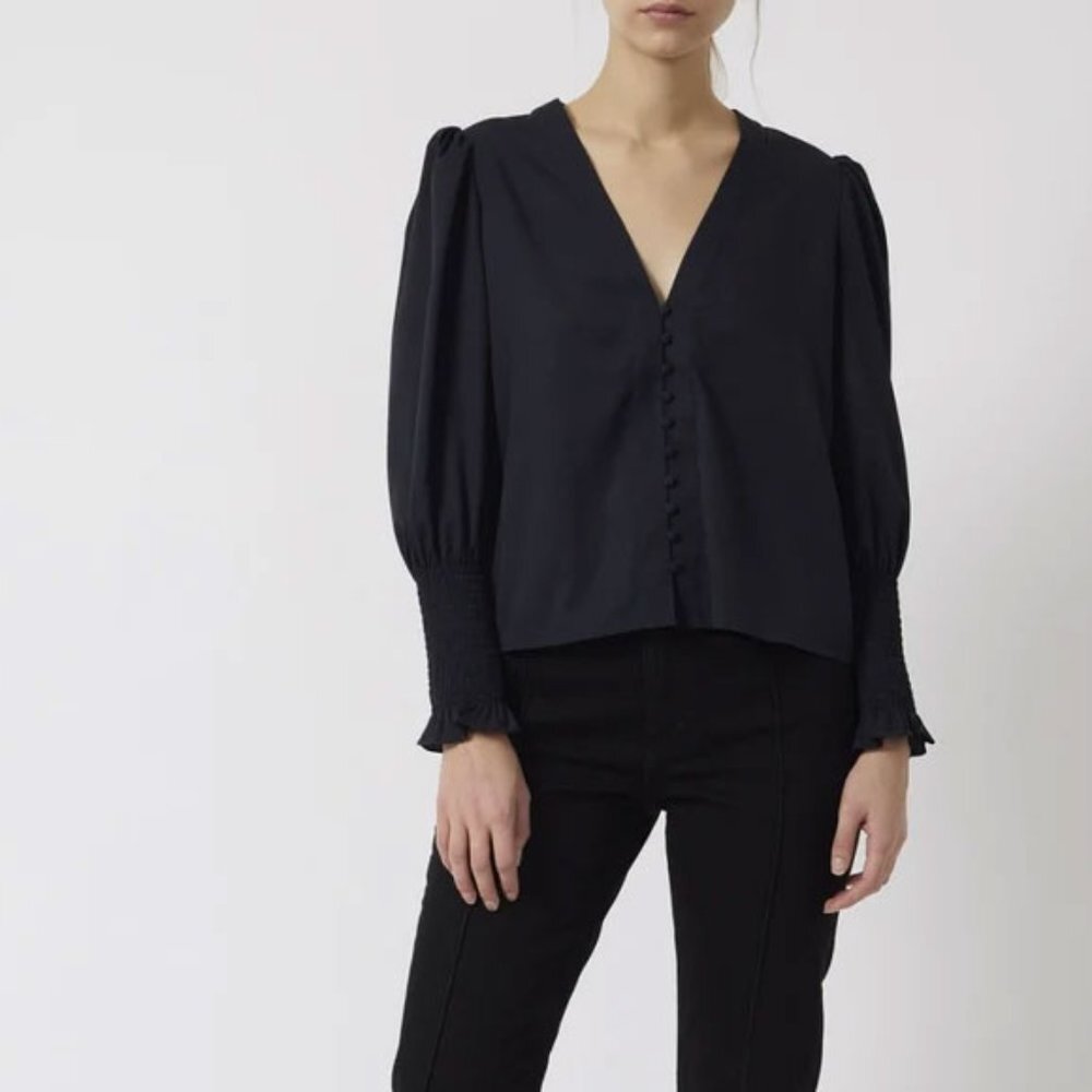 French Connection Crepe V Neck Balloon Sleeve Blouse - Picture 2 of 6